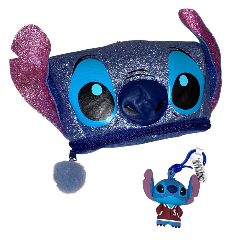Disney Parks Stitch 3D Glitter Pencil Case Makeup Bag with NWT matching keychain